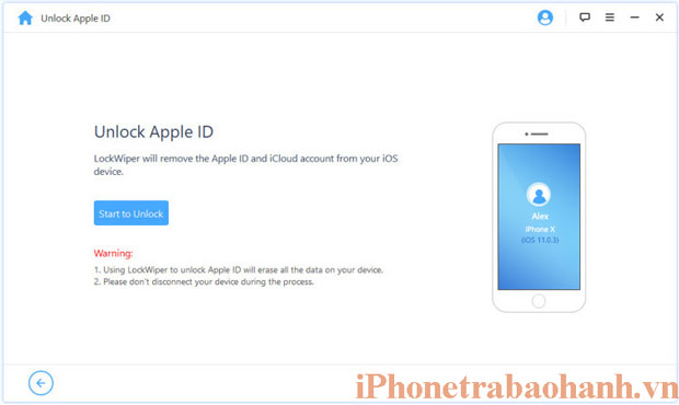 Nhấn vào nút Start to Unlock thể tiến hành gở bỏ tài khoản Apple ID