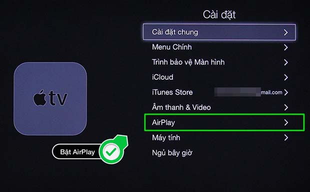 Bật AirPlay của Apple TV lên