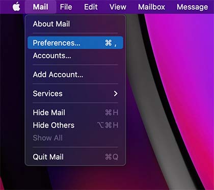 Truy cập vào Mail – Preferences trên thanh menu
