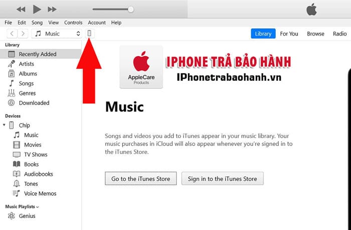 Nhấn biểu tượng iPhone trong iTunes